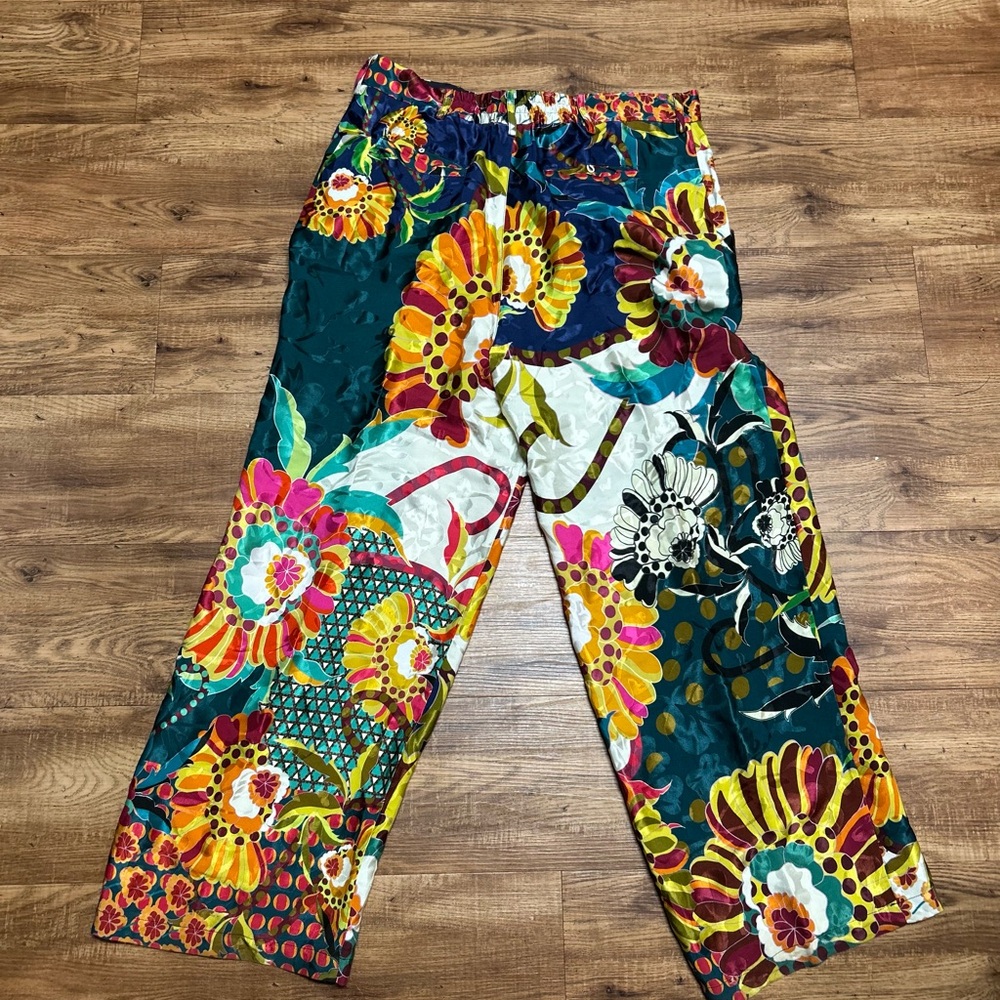 Johnny Was Pants Womens Large Multicolor Floral Wide Leg Boho Satin
